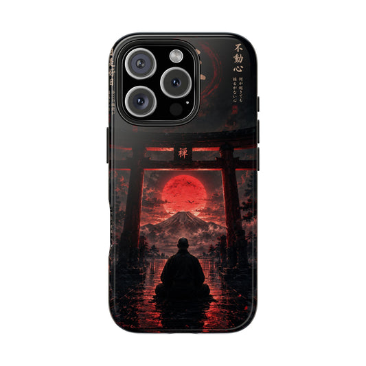 Tough Phone Case — Samurai Silhouette at Red Rising Sun (Japanese Torii, Meditative Design)
