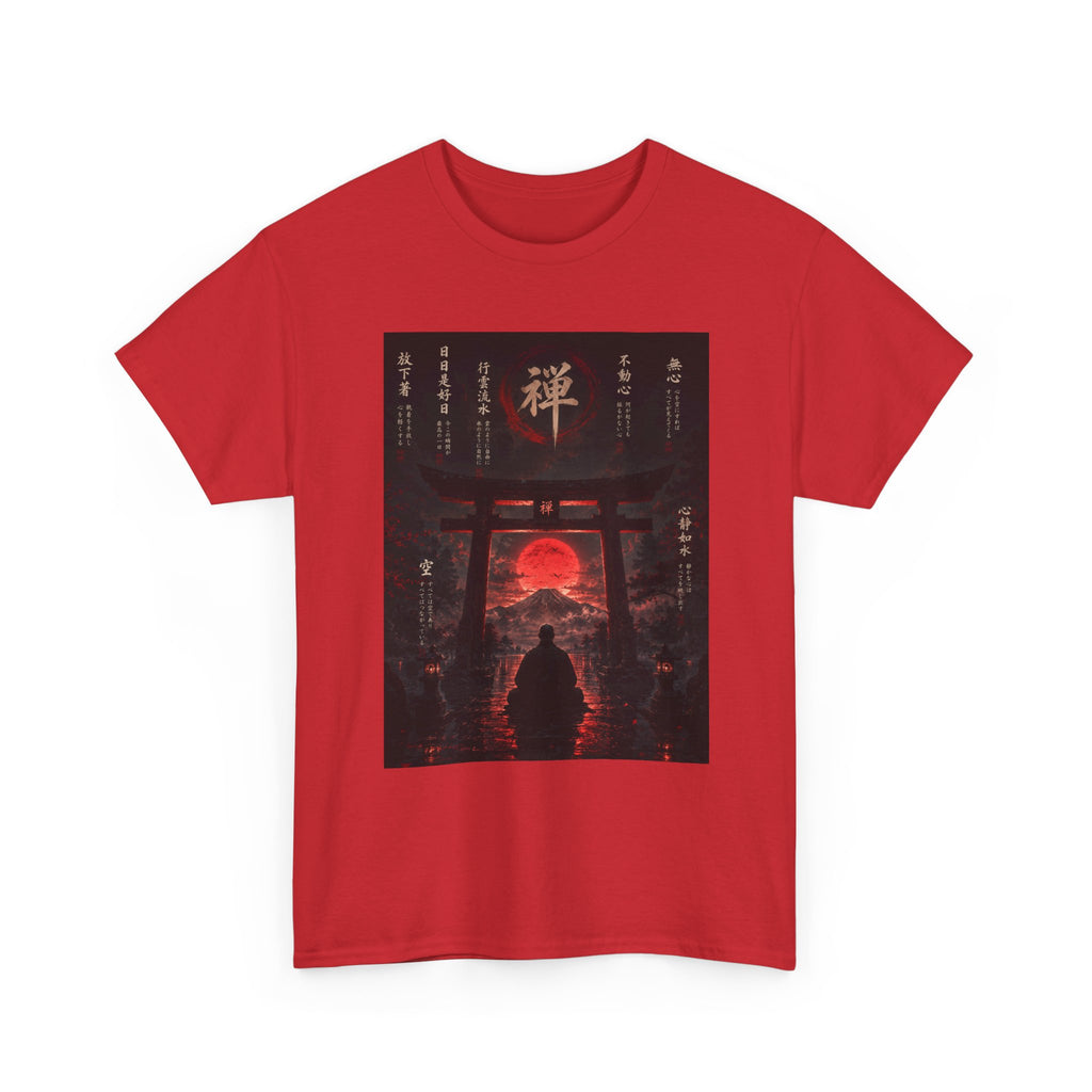 Zen Gate Sunset T-Shirt — Samurai Silhouette Red Moon Graphic Tee