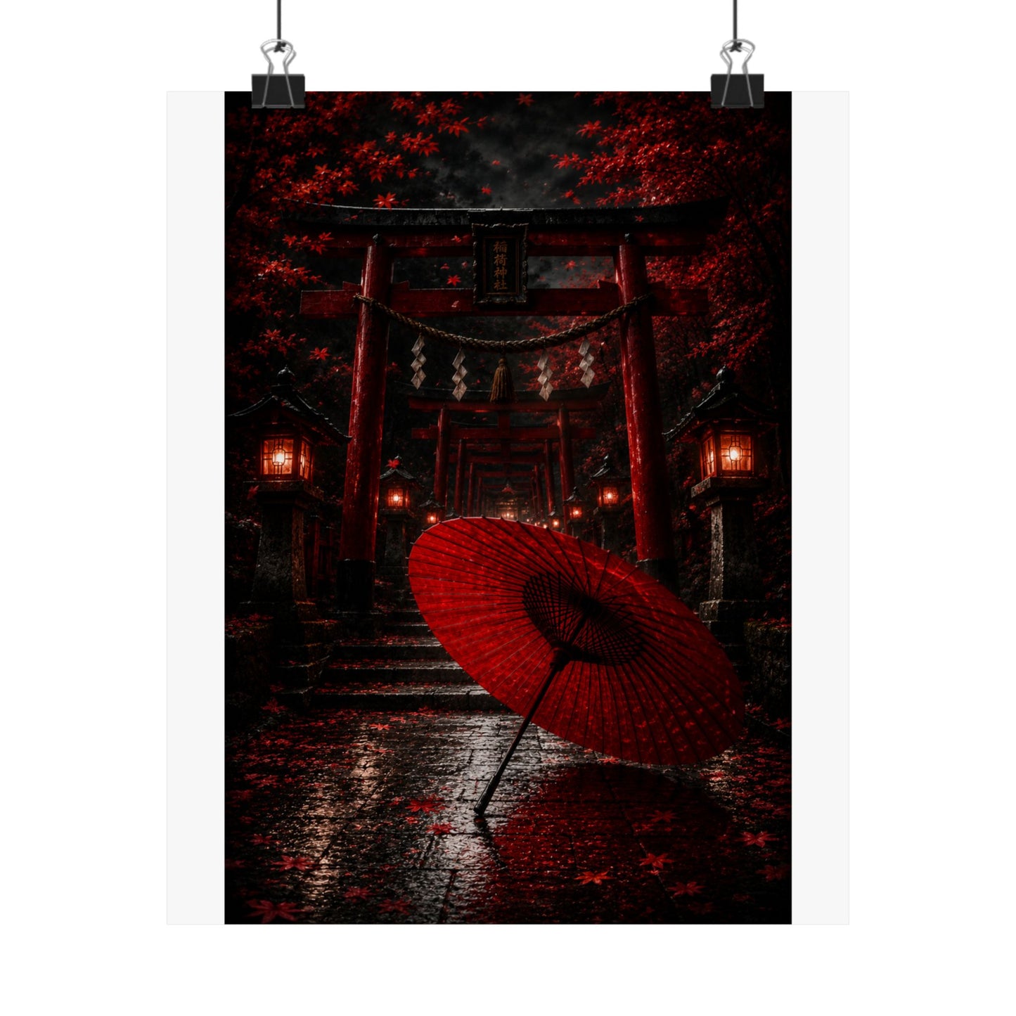 Japanese Torii Gate Poster — Red Umbrella Nightfall Matte Vertical Art