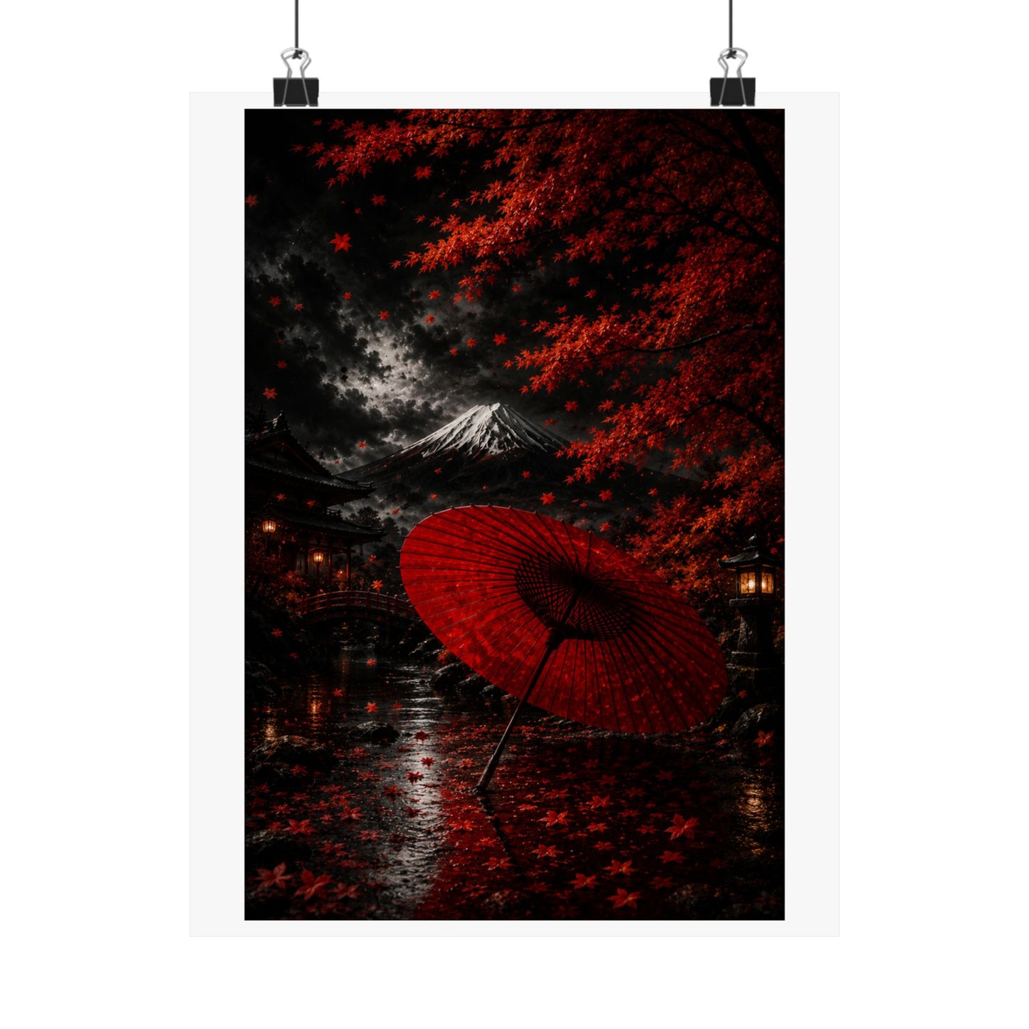 Red Umbrella Autumn Poster — Matte Vertical Japanese Landscape Print