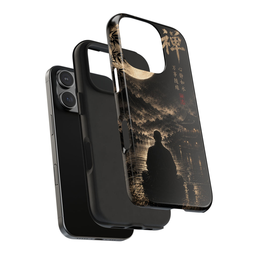 Zen Moon Tough Phone Case — Meditating Silhouette with Japanese Calligraphy