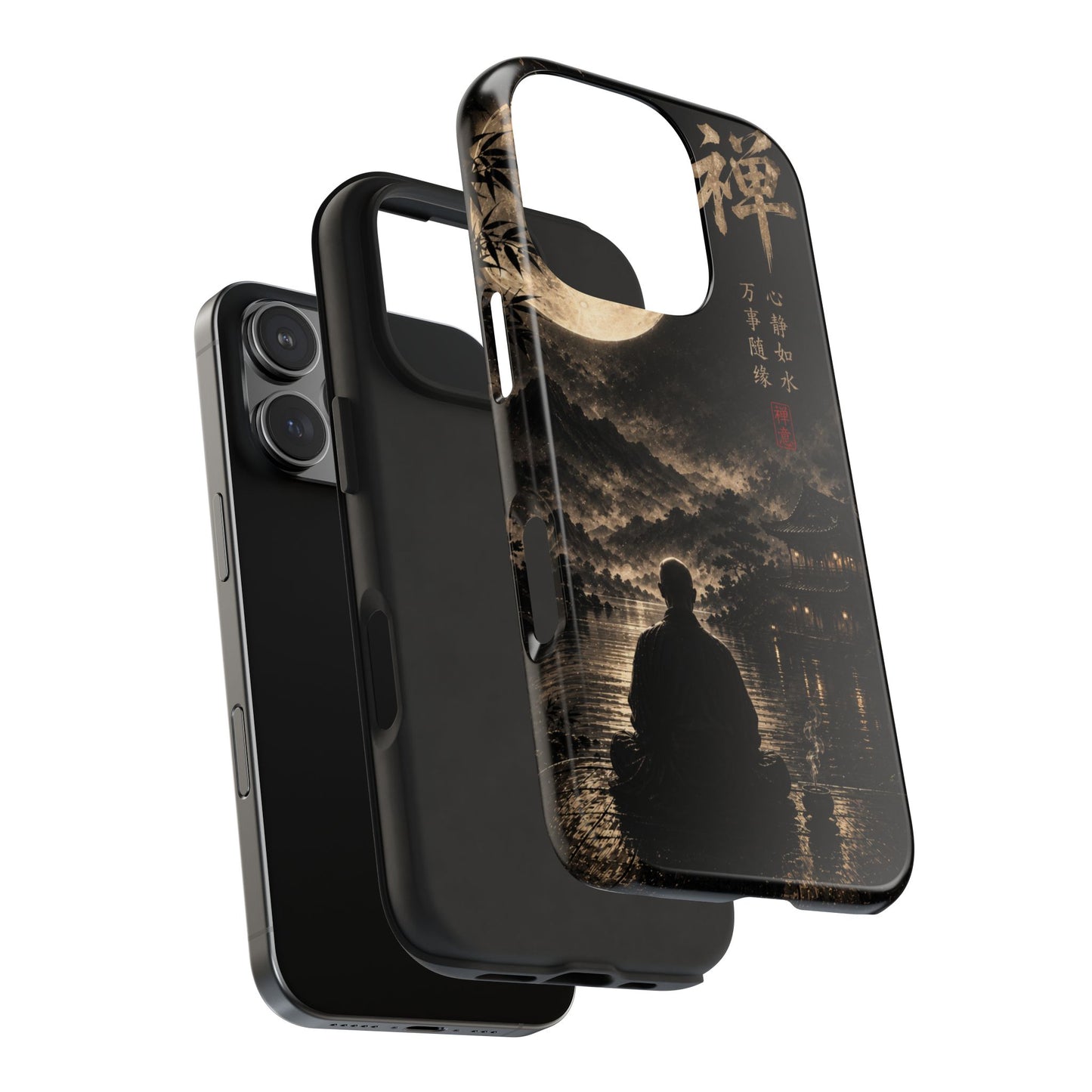 Zen Moon Tough Phone Case — Meditating Silhouette with Japanese Calligraphy