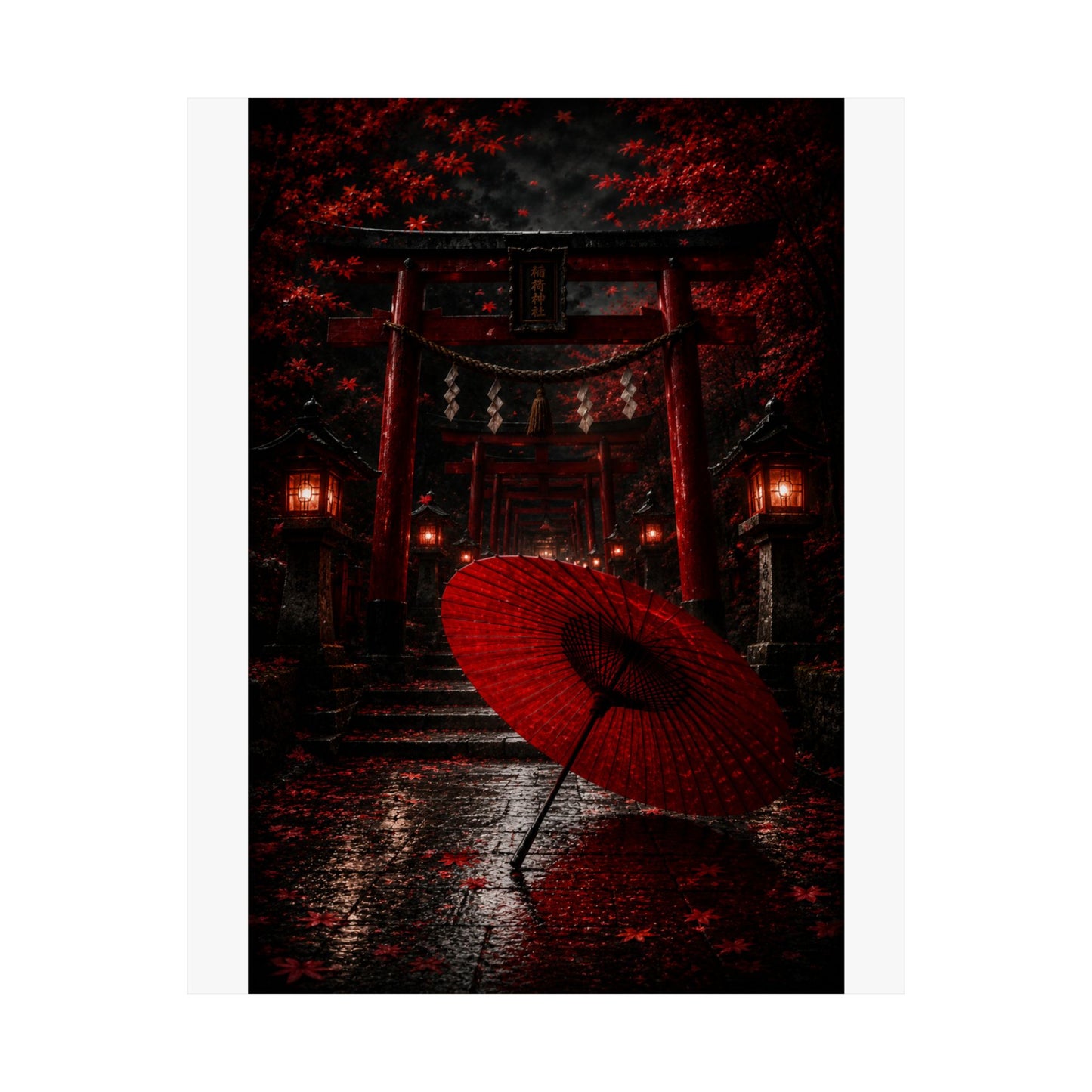 Japanese Torii Gate Poster — Red Umbrella Nightfall Matte Vertical Art