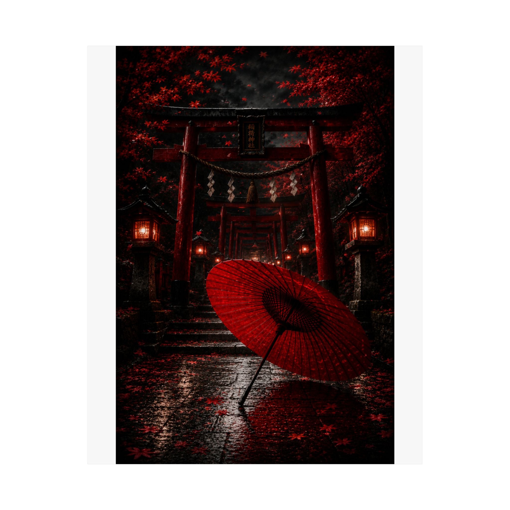 Japanese Torii Gate Poster — Red Umbrella Nightfall Matte Vertical Art