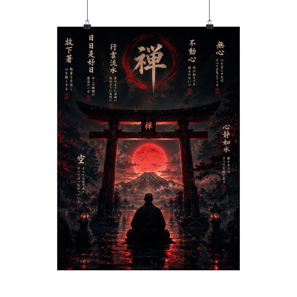 FUJI NOIR Zen Torii Poster — Meditative Samurai Sunset Matte Vertical Print