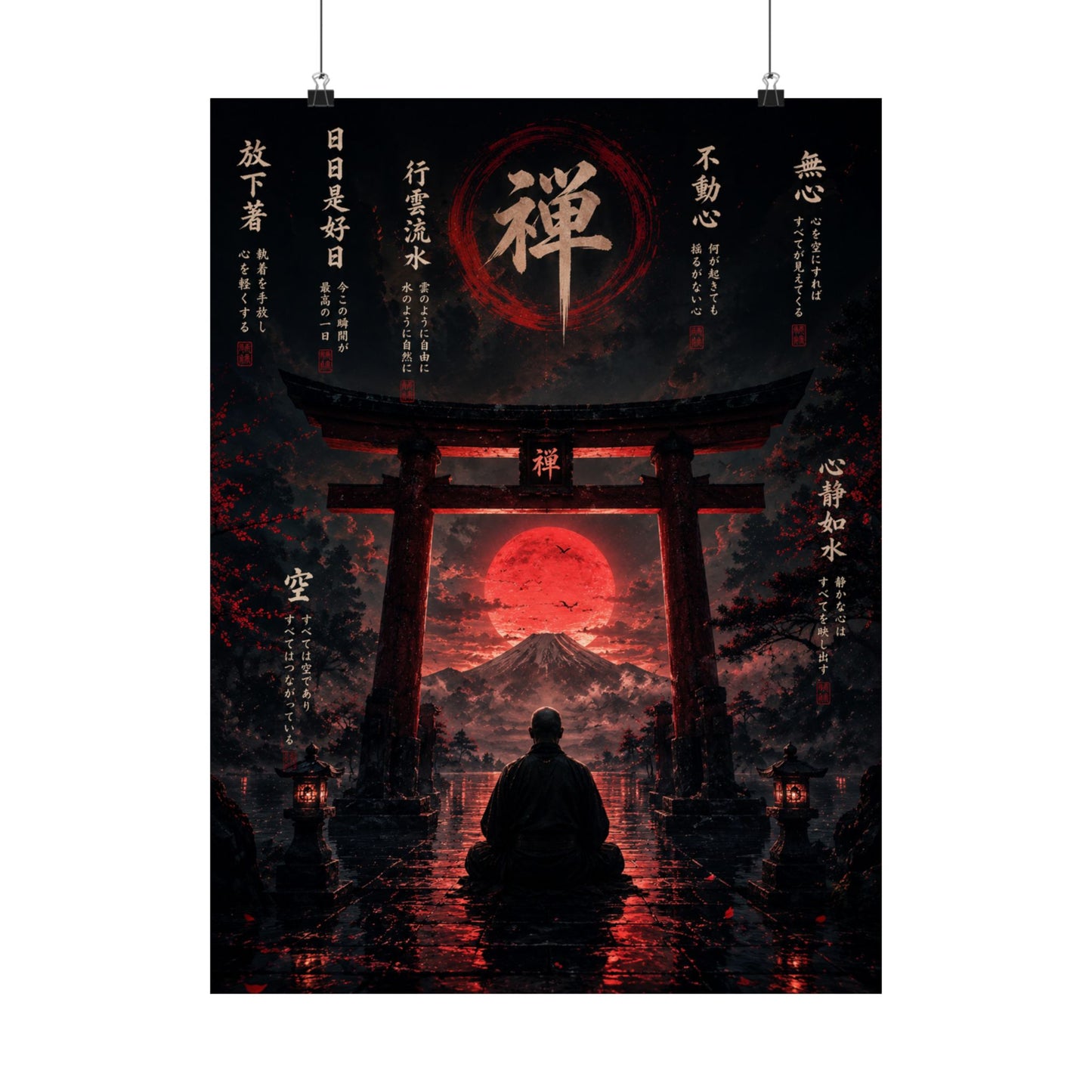 FUJI NOIR Zen Torii Poster — Meditative Samurai Sunset Matte Vertical Print