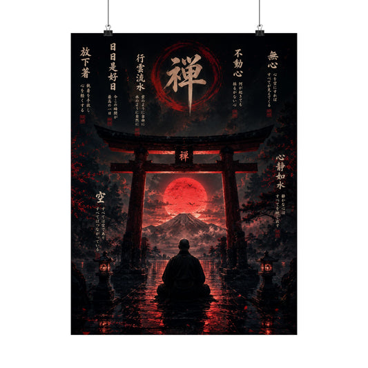 FUJI NOIR Zen Torii Poster — Meditative Samurai Sunset Matte Vertical Print