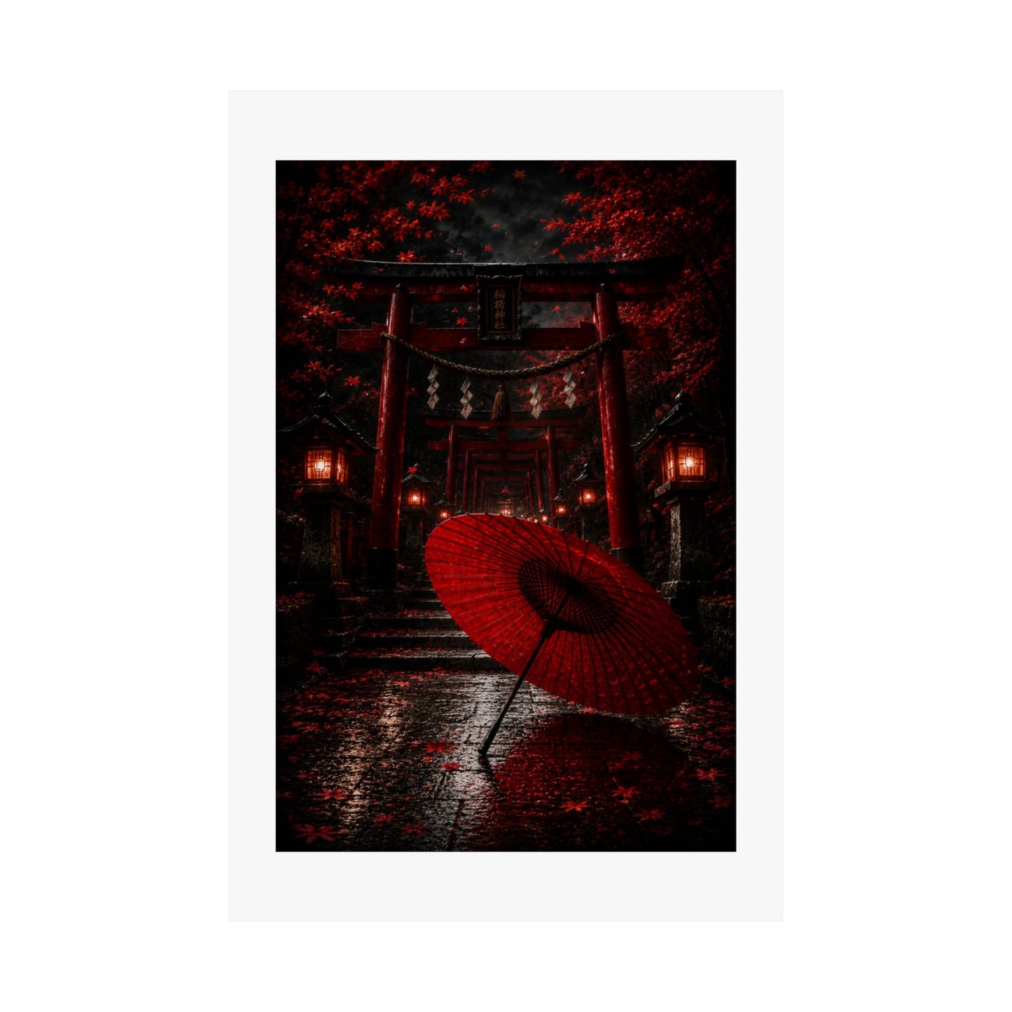 Japanese Torii Gate Poster — Red Umbrella Nightfall Matte Vertical Art
