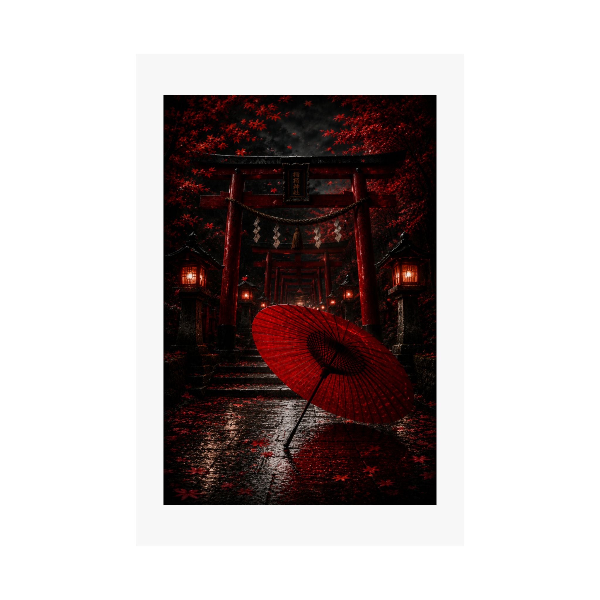 Japanese Torii Gate Poster — Red Umbrella Nightfall Matte Vertical Art