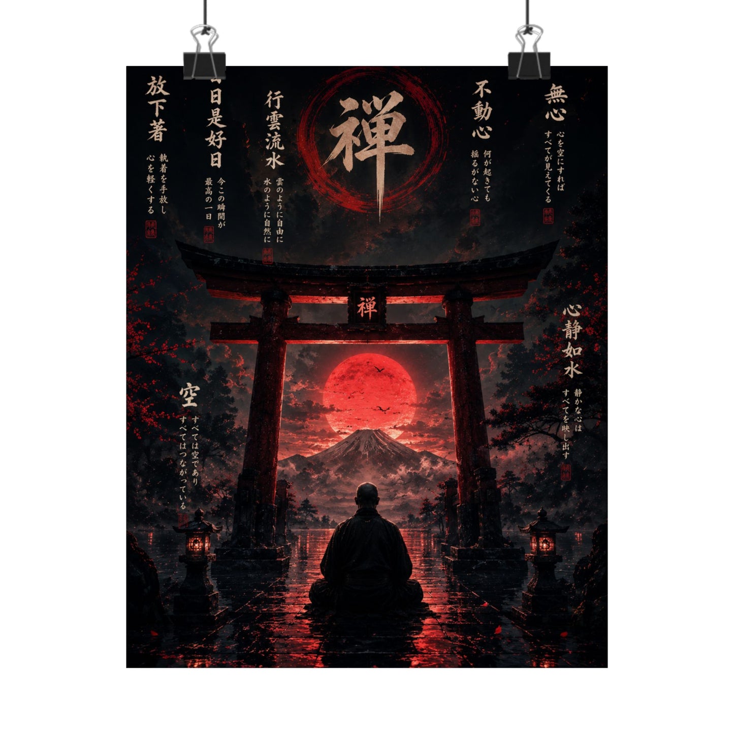 FUJI NOIR Zen Torii Poster — Meditative Samurai Sunset Matte Vertical Print