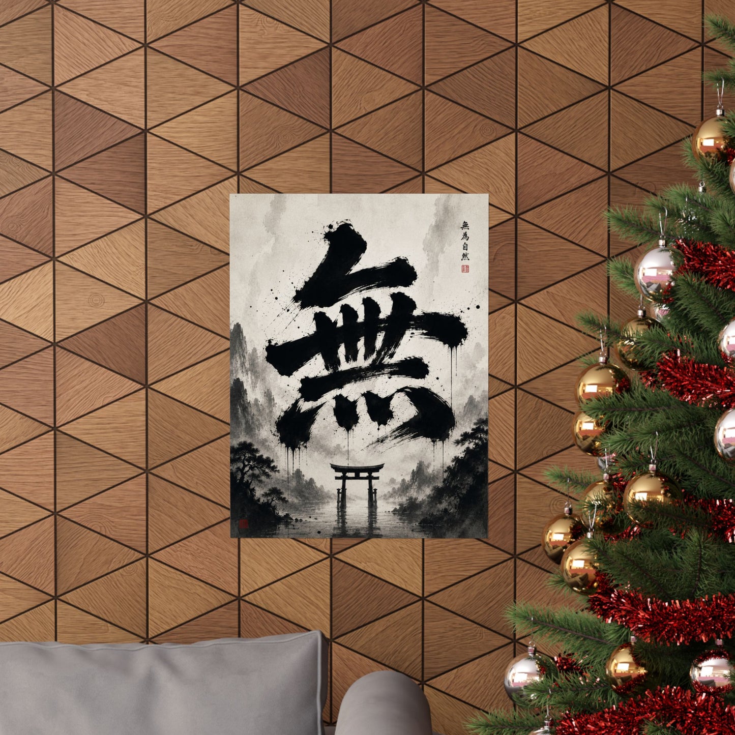 FUJI NOIR Matte Poster — Japanese Sumi-e 'Mu' Calligraphy with Torii Gate (Zen Wall Art)