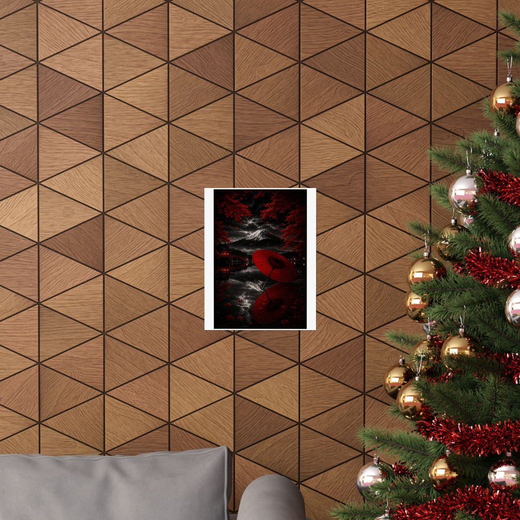 Japanese Red Umbrella & Mount Fuji Matte Poster — Vertical Wall Art
