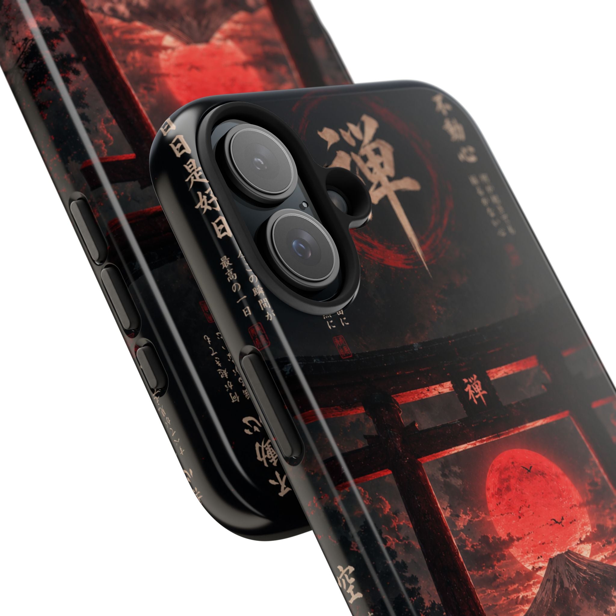 Tough Phone Case — Samurai Silhouette at Red Rising Sun (Japanese Torii, Meditative Design)