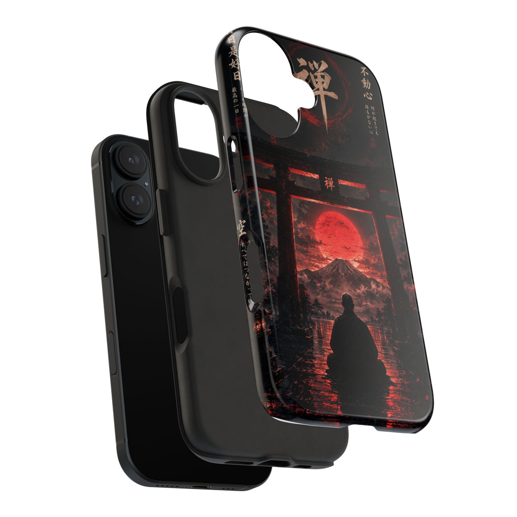 Tough Phone Case — Samurai Silhouette at Red Rising Sun (Japanese Torii, Meditative Design)