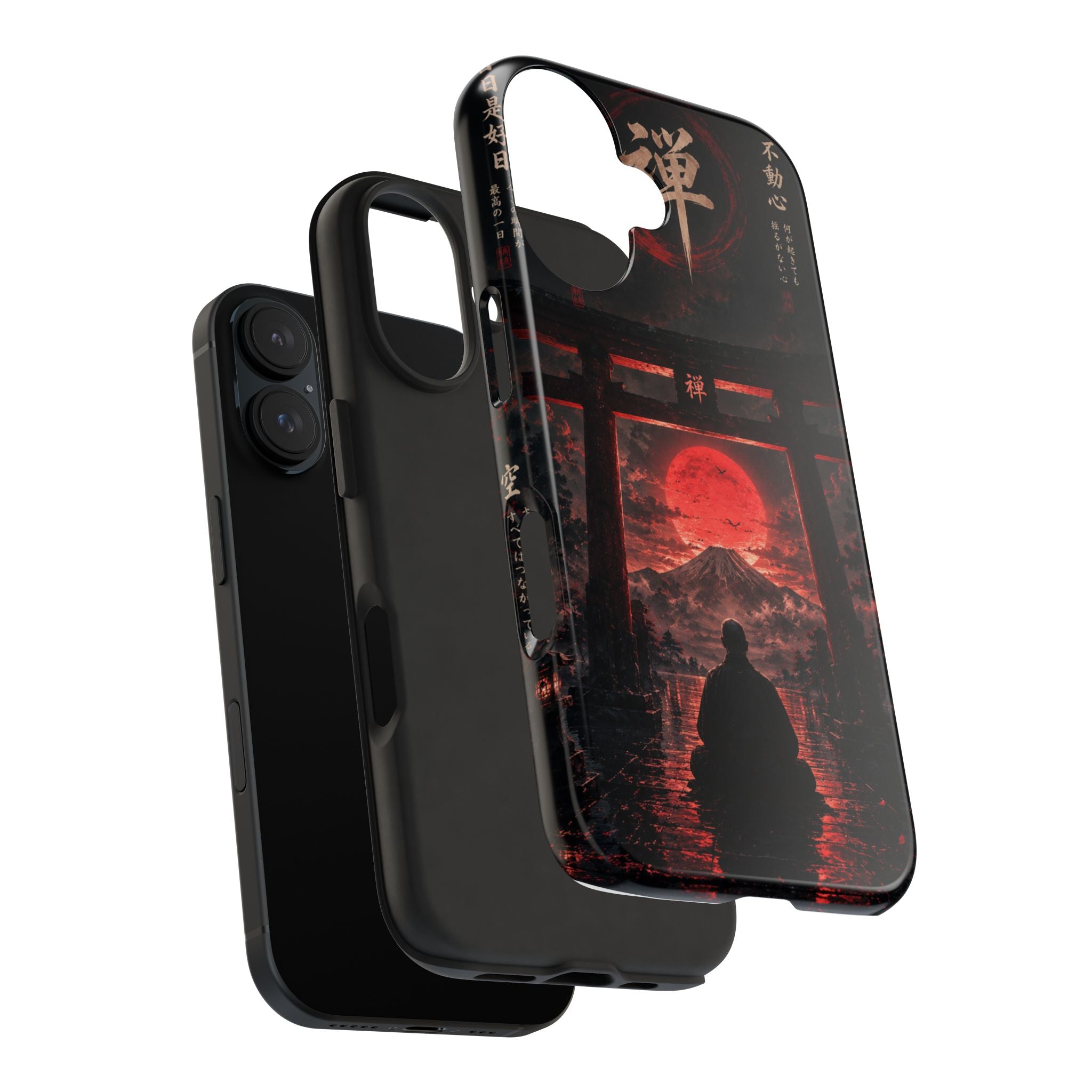 Tough Phone Case — Samurai Silhouette at Red Rising Sun (Japanese Torii, Meditative Design)