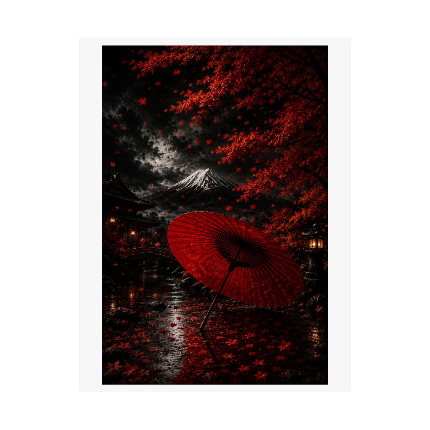 Red Umbrella Autumn Poster — Matte Vertical Japanese Landscape Print