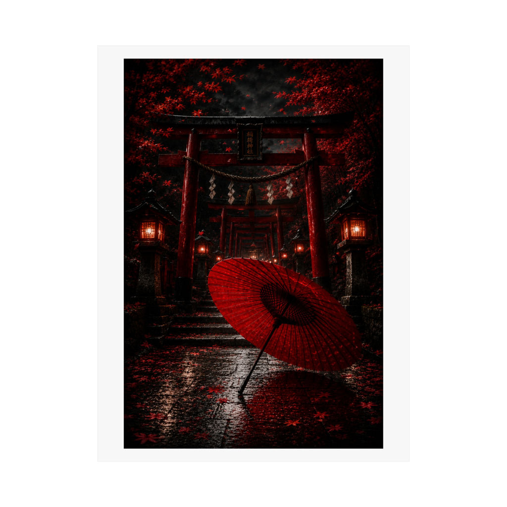 Japanese Torii Gate Poster — Red Umbrella Nightfall Matte Vertical Art