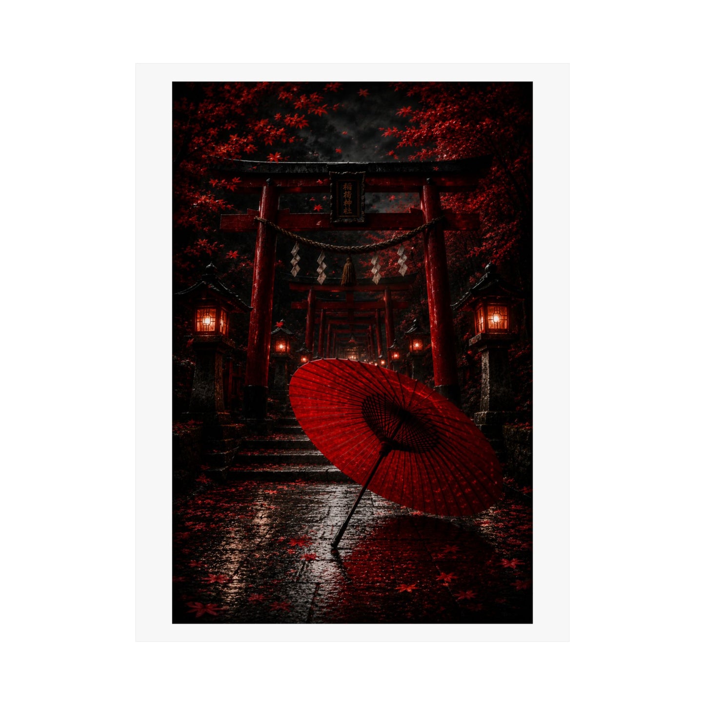 Japanese Torii Gate Poster — Red Umbrella Nightfall Matte Vertical Art