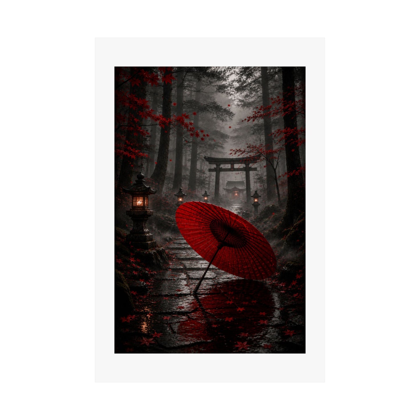 Japanese Torii Forest Poster — Red Umbrella Matte Vertical Art Print
