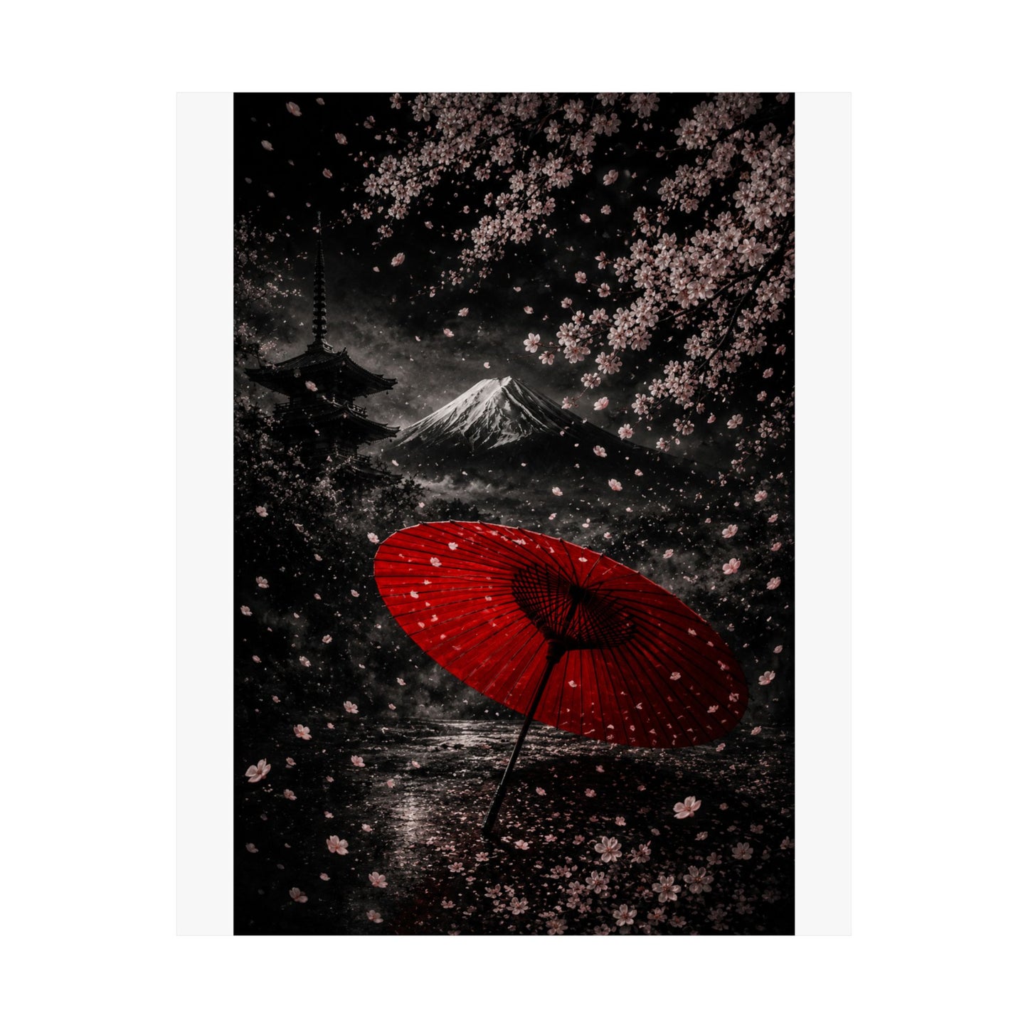 Japanese Cherry Blossom Poster — Red Umbrella & Mt. Fuji Matte Vertical Art