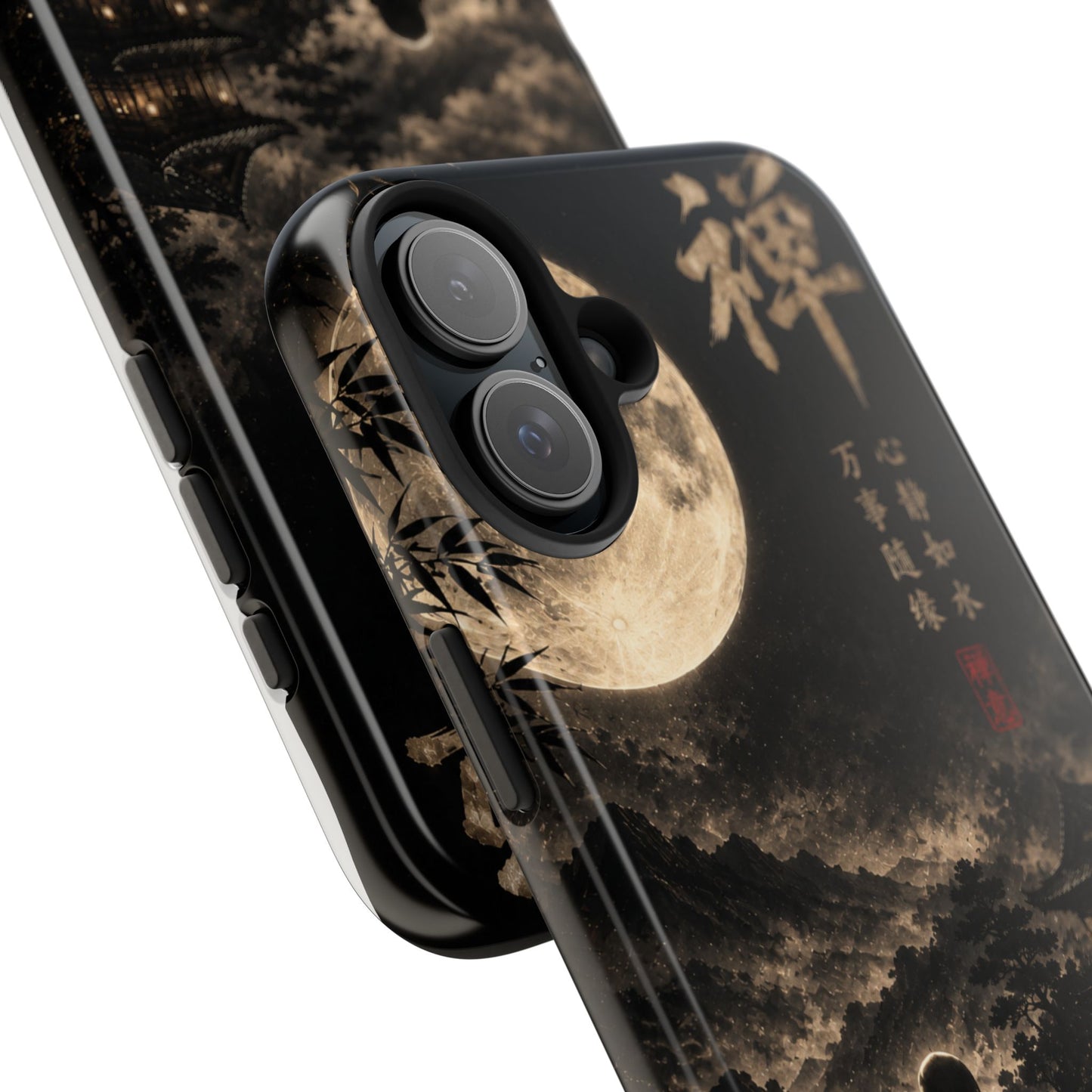 Zen Moon Tough Phone Case — Meditating Silhouette with Japanese Calligraphy