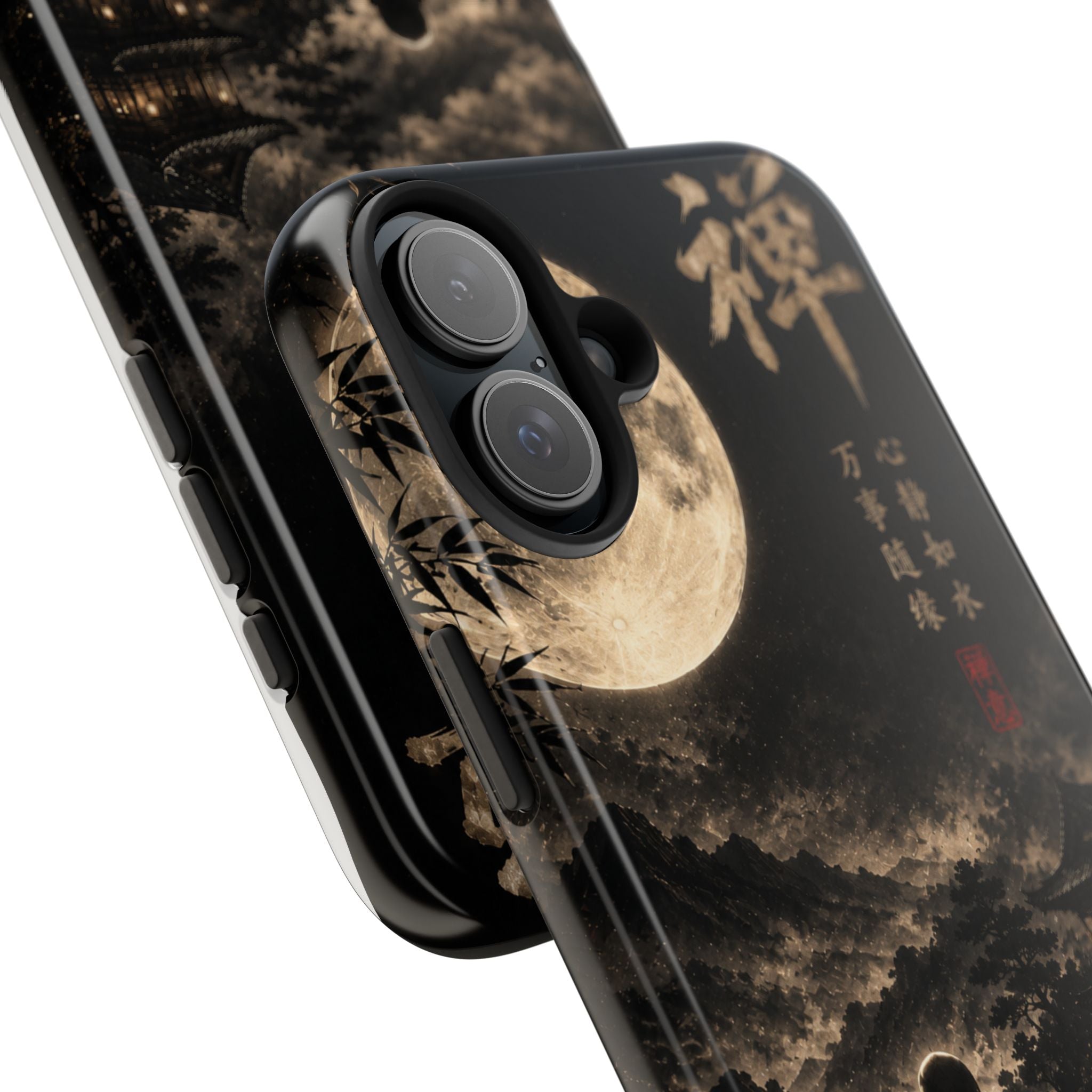 Zen Moon Tough Phone Case — Meditating Silhouette with Japanese Calligraphy