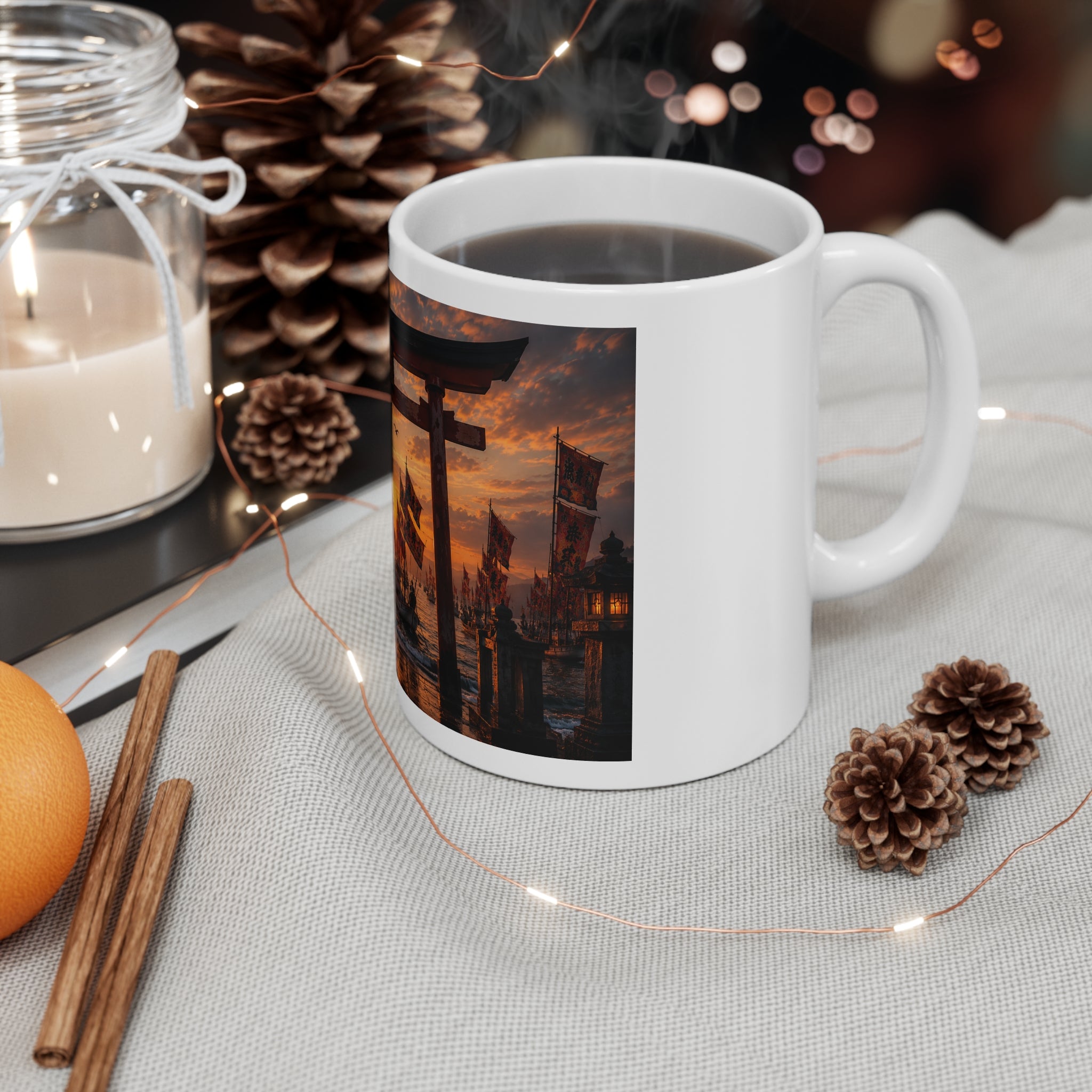 Sunset Torii & Sailing Ships Mug — Japanese Shrine Landscape Coffee Cup