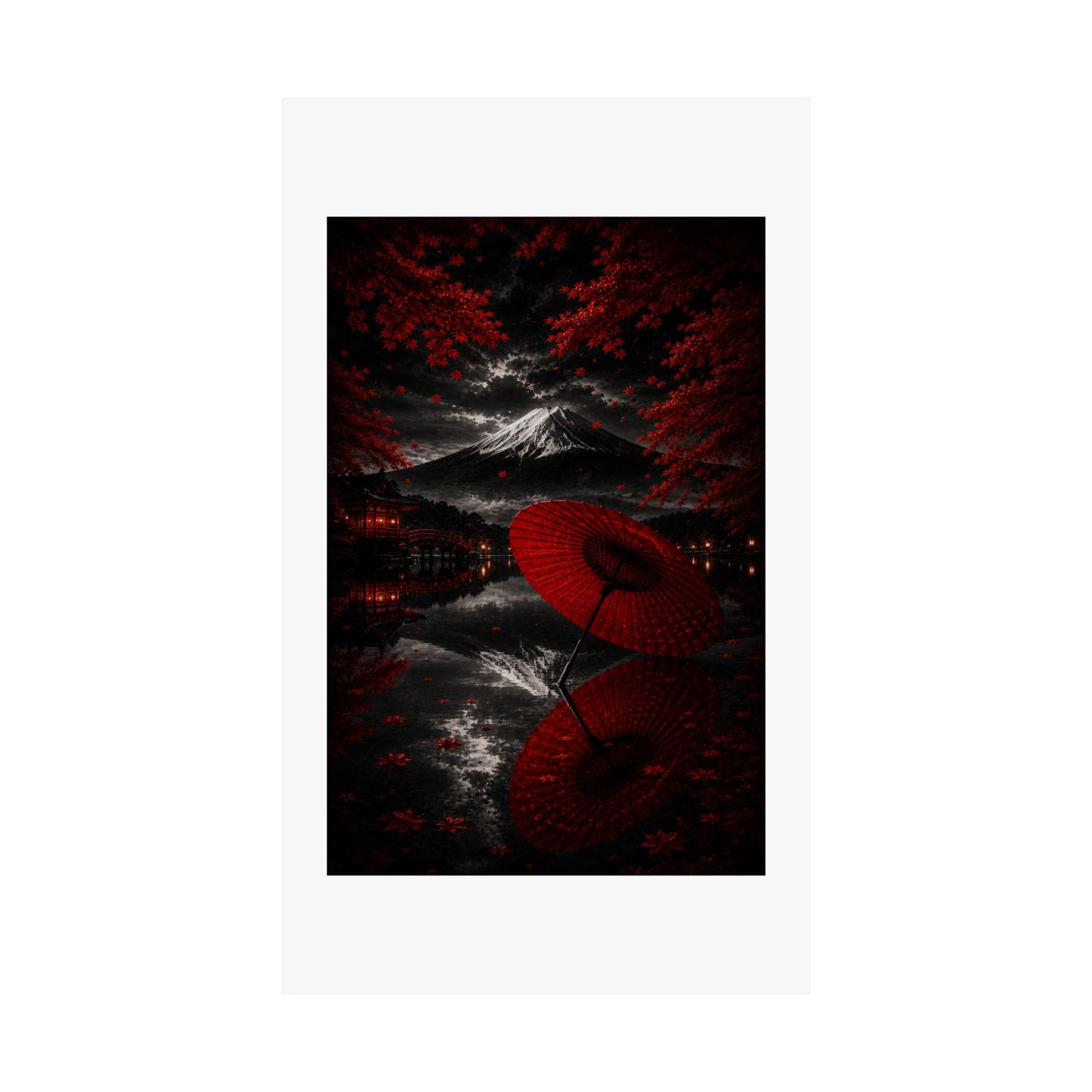 Japanese Red Umbrella & Mount Fuji Matte Poster — Vertical Wall Art