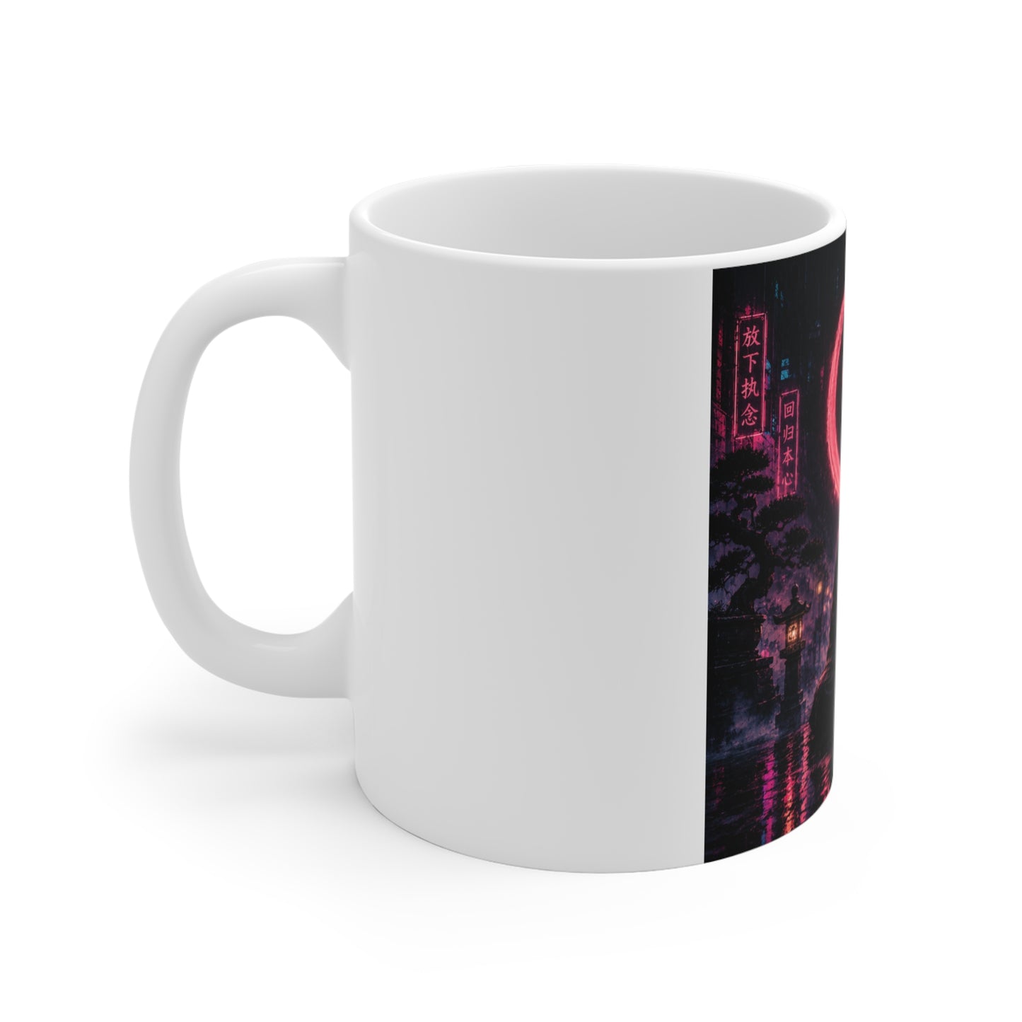 Zen Neon Mug — Meditating Monk with Pink Kanji Circle (11 oz)