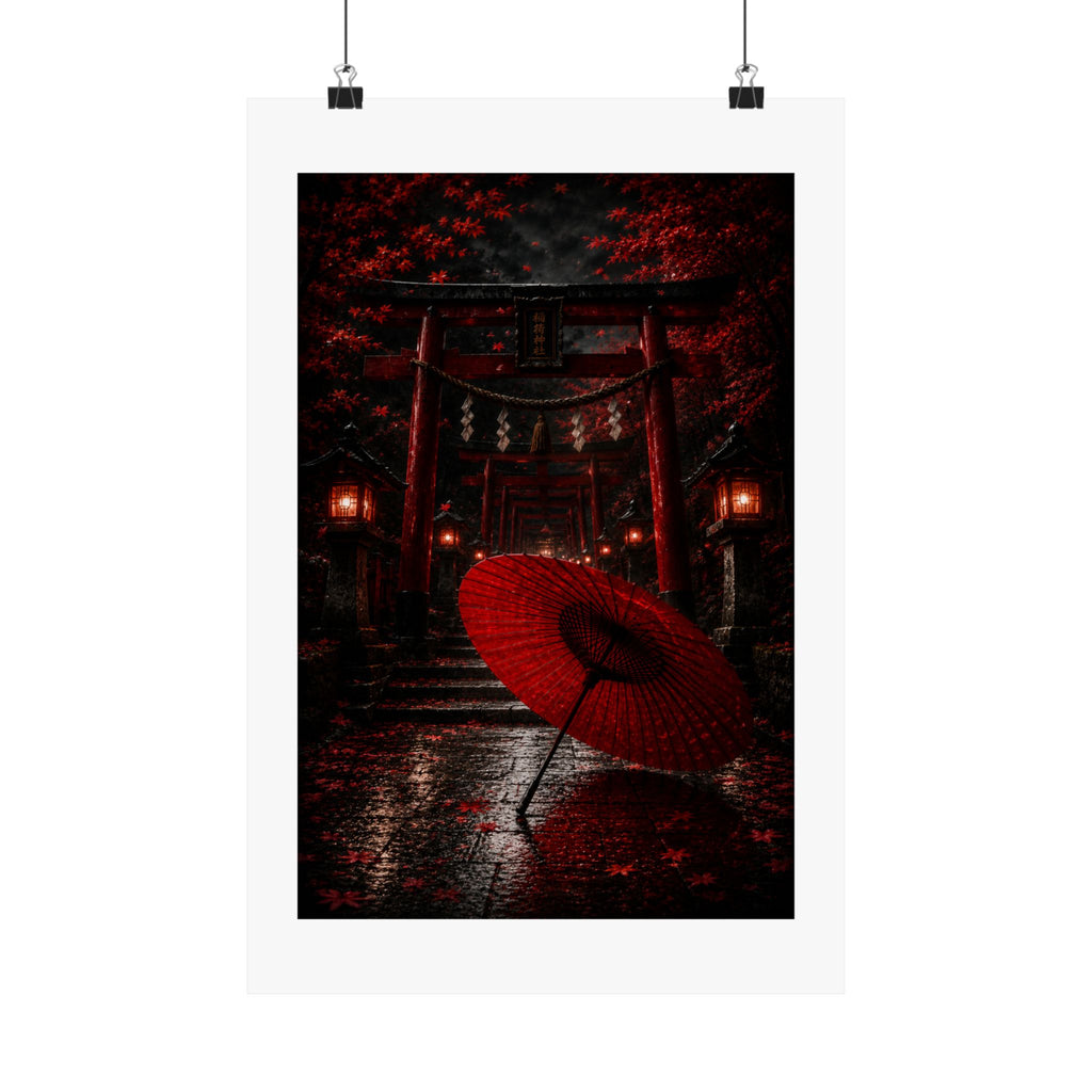Japanese Torii Gate Poster — Red Umbrella Nightfall Matte Vertical Art