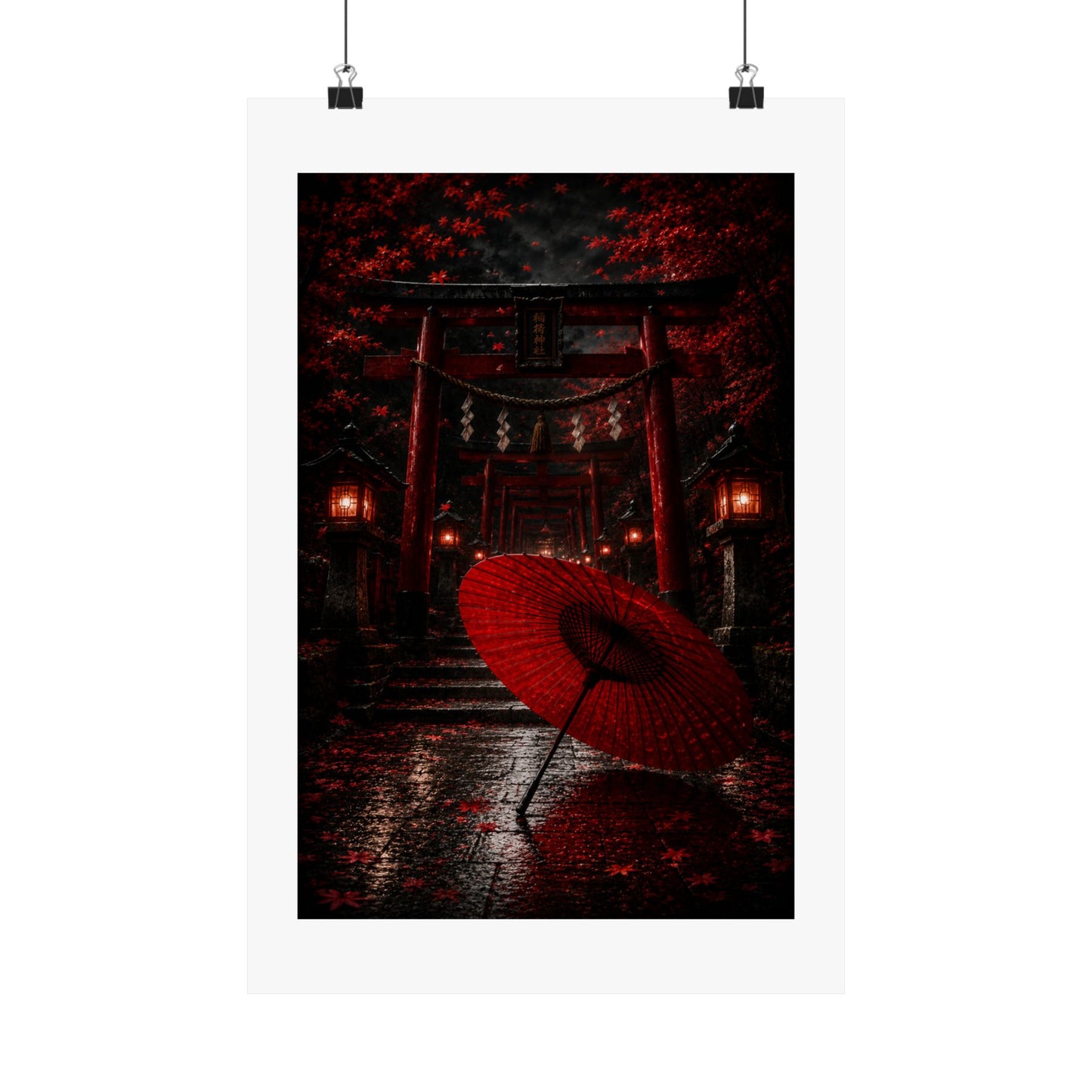 Japanese Torii Gate Poster — Red Umbrella Nightfall Matte Vertical Art