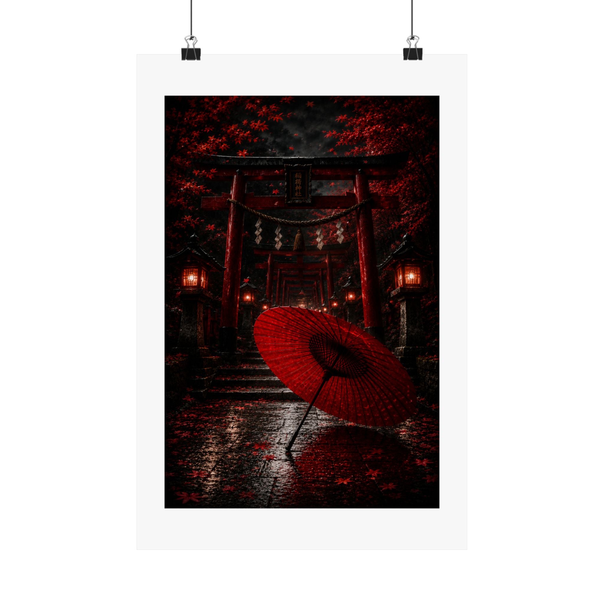 Japanese Torii Gate Poster — Red Umbrella Nightfall Matte Vertical Art