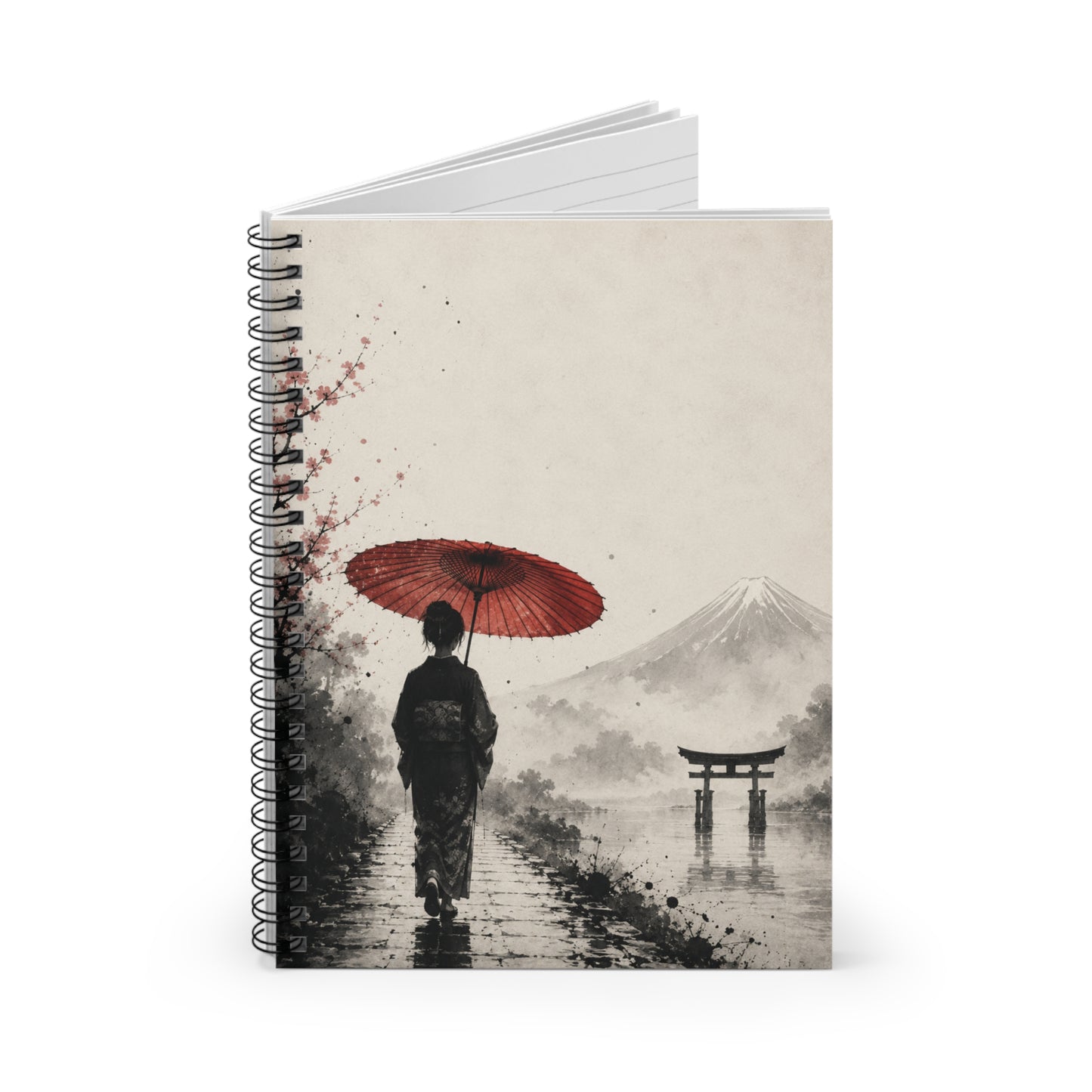 Japanese Geisha Notebook — Red Umbrella & Mount Fuji Spiral Journal (Ruled)