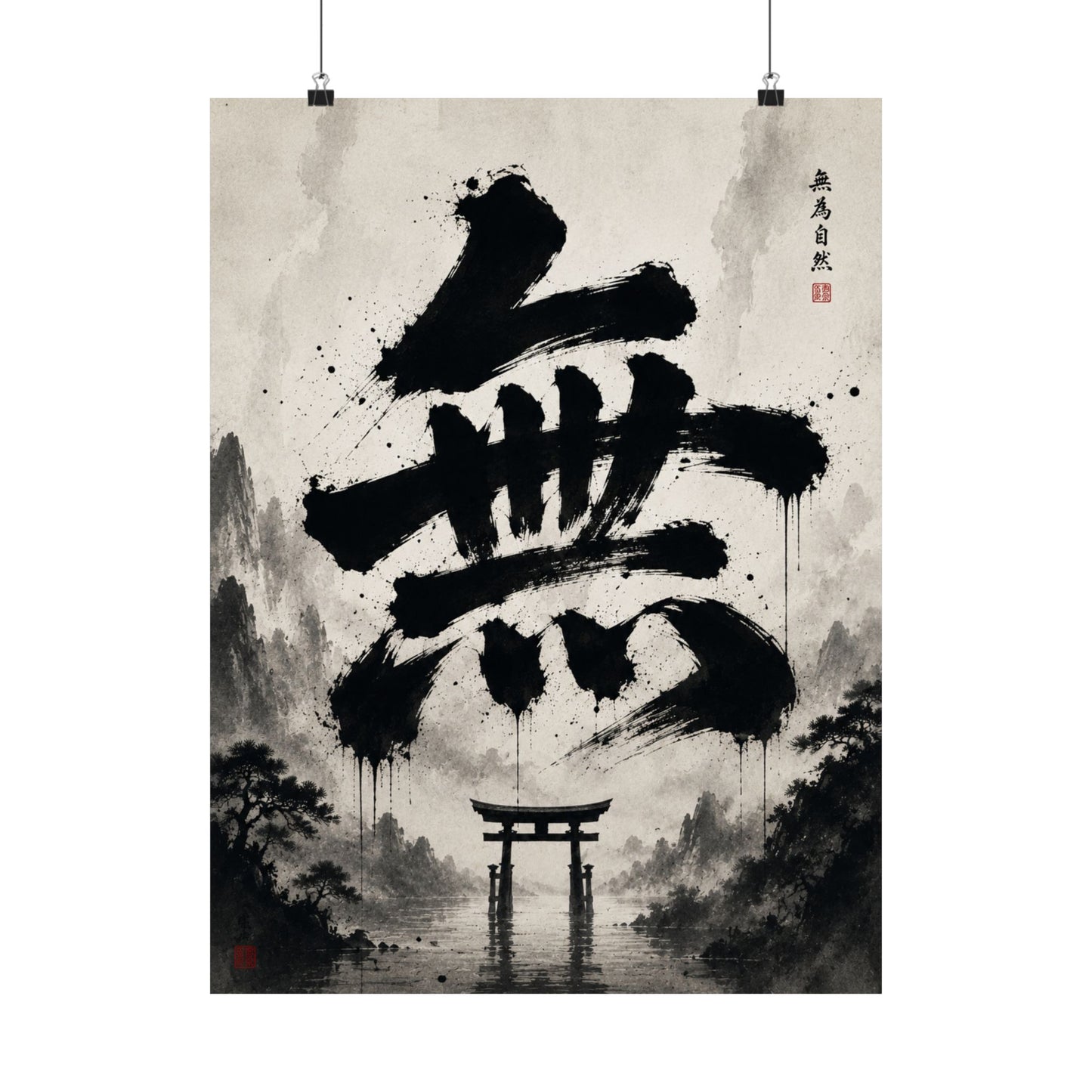 FUJI NOIR Matte Poster — Japanese Sumi-e 'Mu' Calligraphy with Torii Gate (Zen Wall Art)