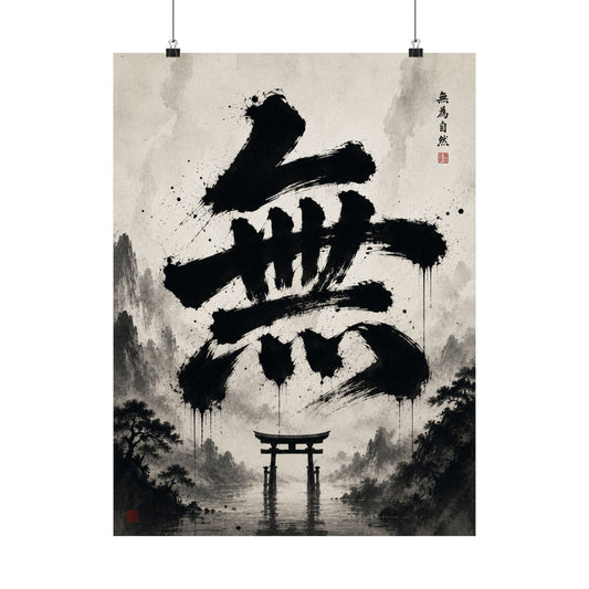 FUJI NOIR Matte Poster — Japanese Sumi-e 'Mu' Calligraphy with Torii Gate (Zen Wall Art)