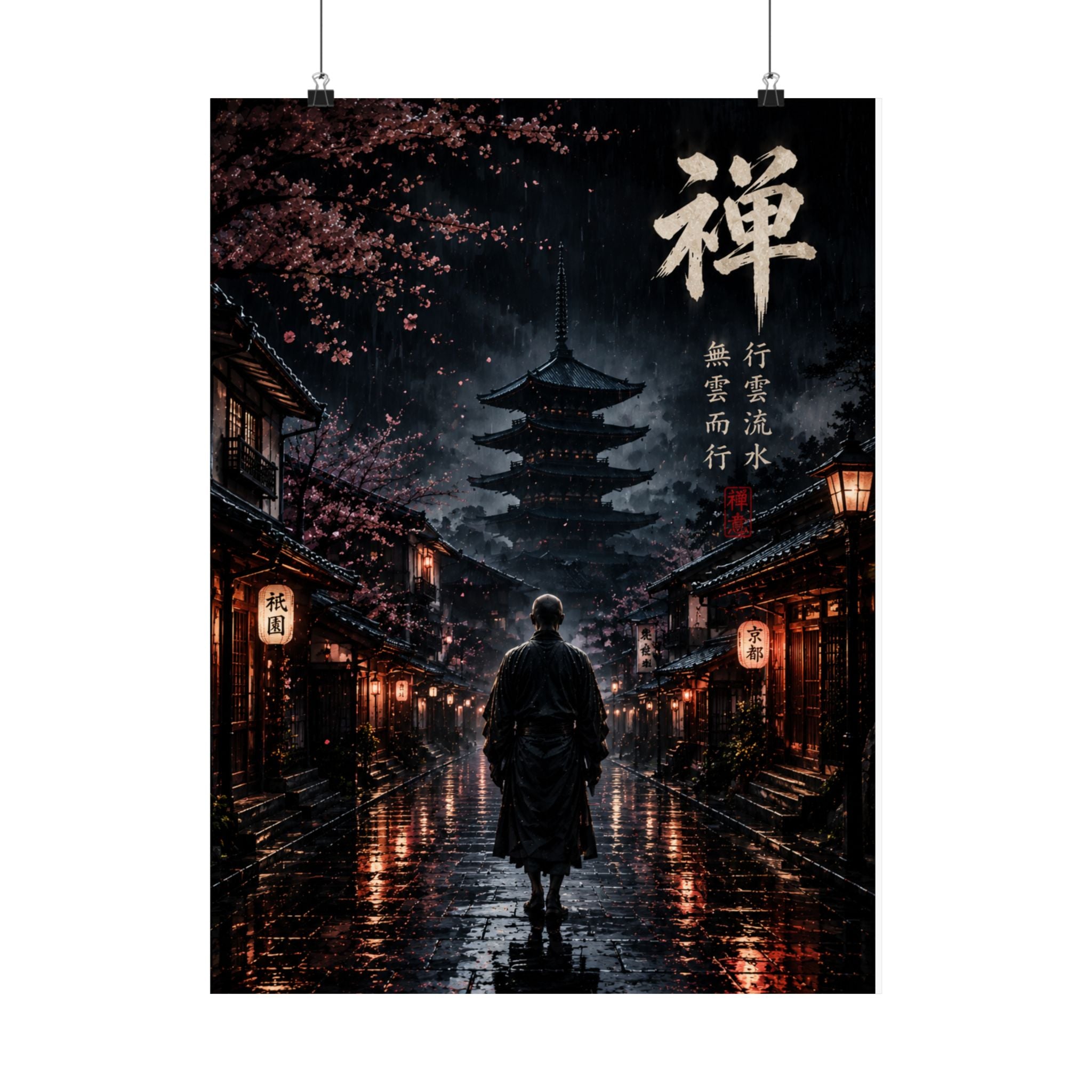 Zen Samurai Matte Poster — Japanese Pagoda Nightscape with Kanji