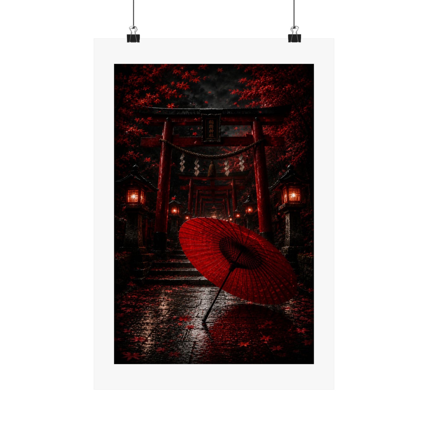 Japanese Torii Gate Poster — Red Umbrella Nightfall Matte Vertical Art