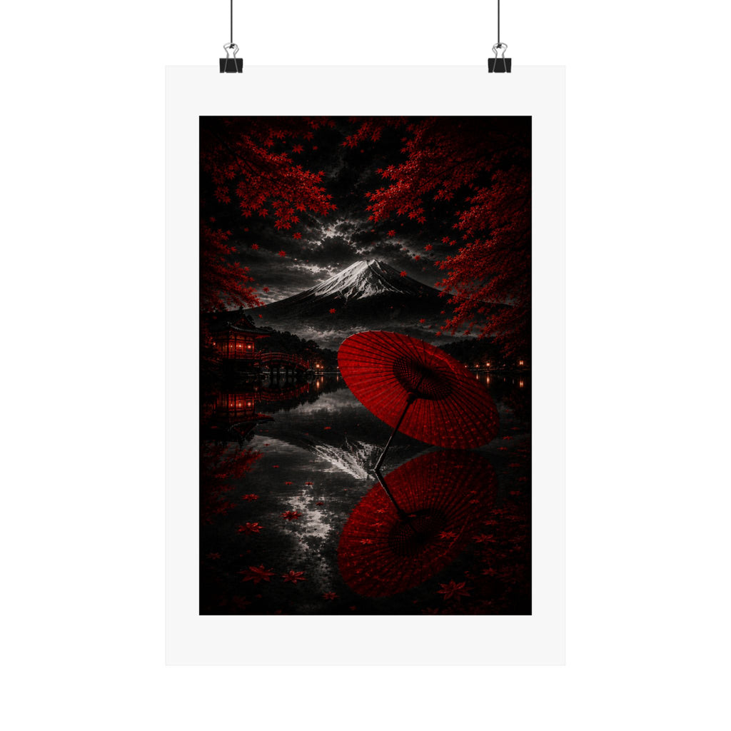 Japanese Red Umbrella & Mount Fuji Matte Poster — Vertical Wall Art