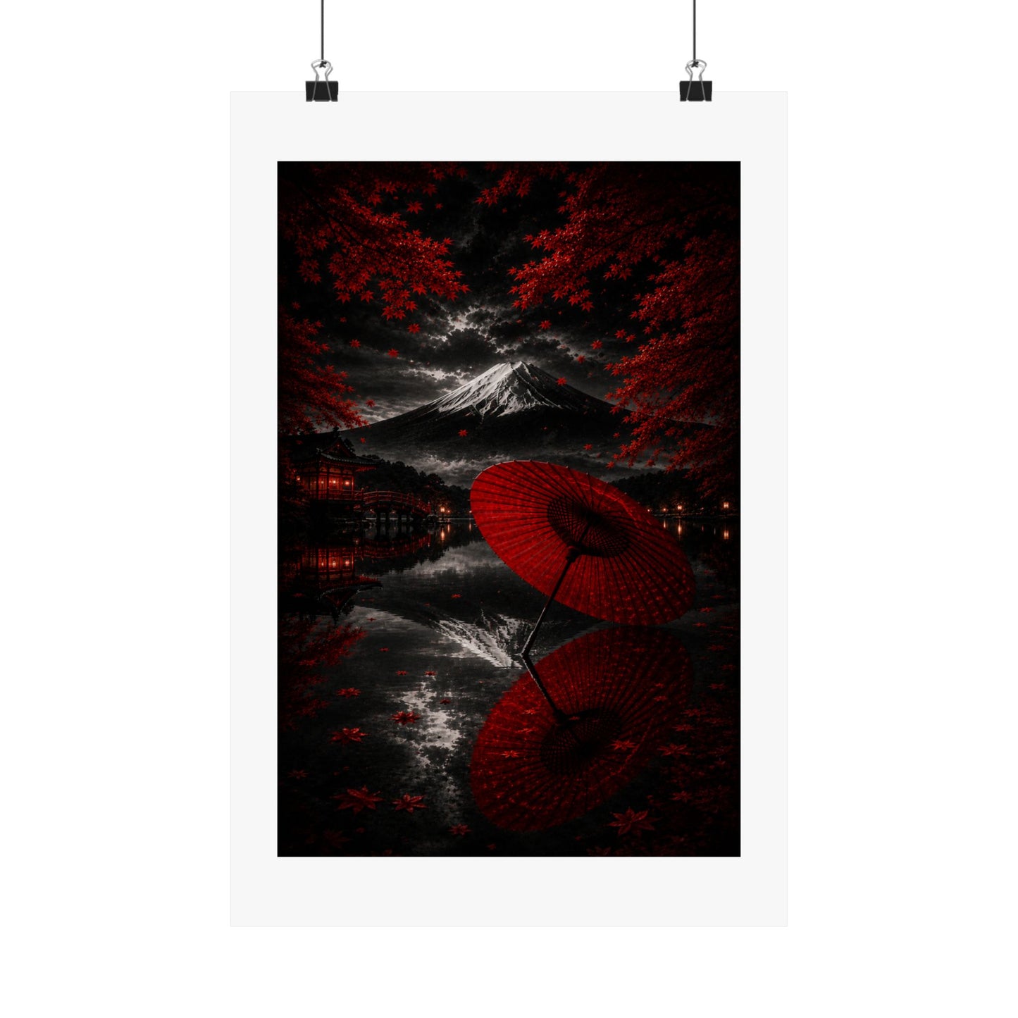 Japanese Red Umbrella & Mount Fuji Matte Poster — Vertical Wall Art