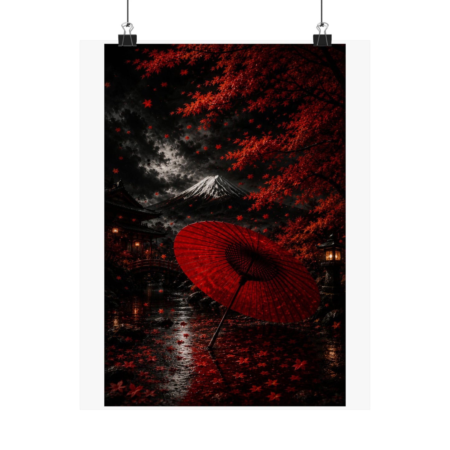 Red Umbrella Autumn Poster — Matte Vertical Japanese Landscape Print