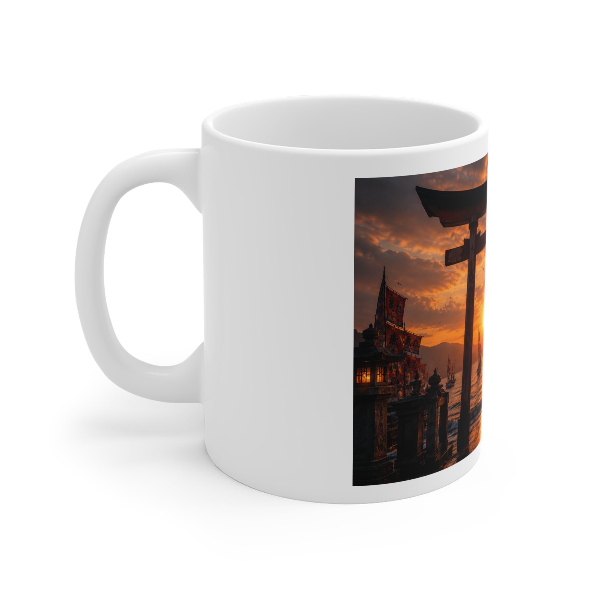 Sunset Torii & Sailing Ships Mug — Japanese Shrine Landscape Coffee Cup