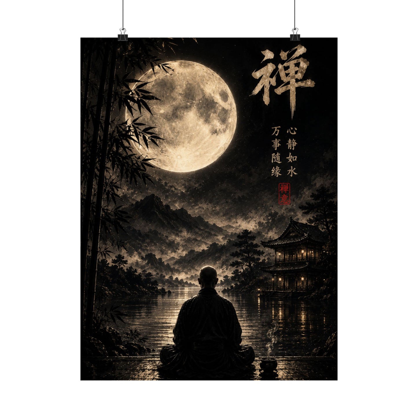 Zen Moon Meditation Poster — Matte Vertical Wall Art with Kanji