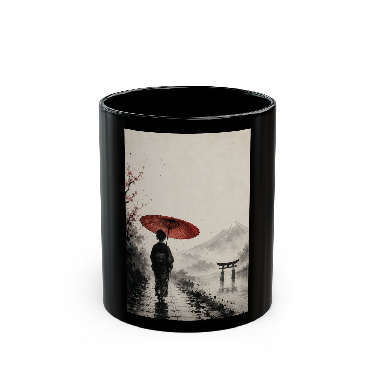 Japanese Landscape Coffee Mug — Woman with Red Umbrella & Torii 11oz/15oz