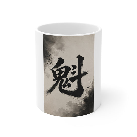 11oz Ceramic Mug with Japanese Kanji Brushstroke Design — '魅' Zen Aesthetic Coffee Cup