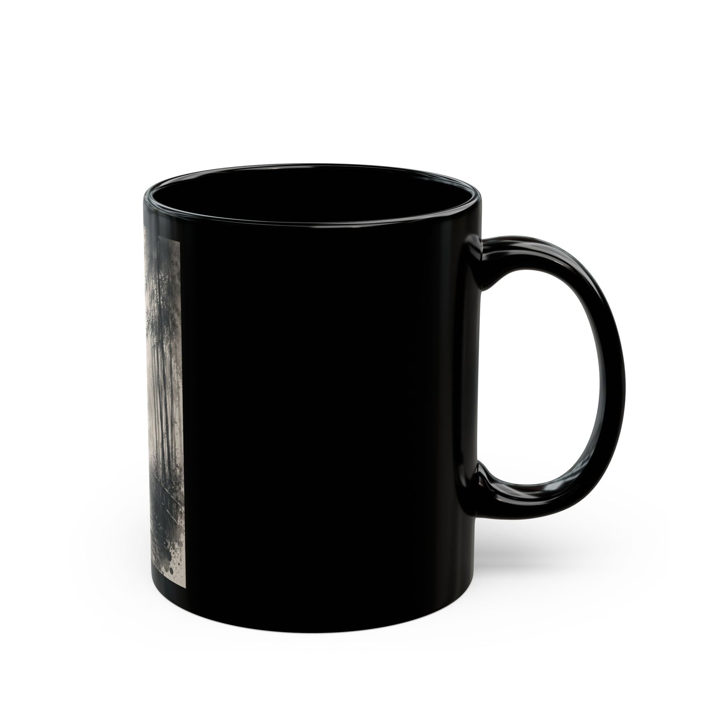 Black Ceramic Mug — Red Umbrella Silhouette in Bamboo Rain (11oz/15oz)
