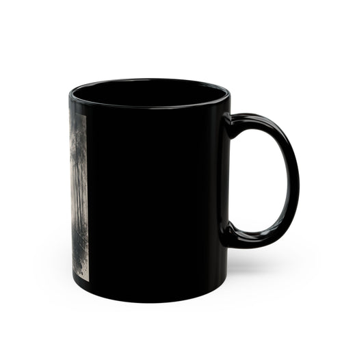 Black Ceramic Mug — Red Umbrella Silhouette in Bamboo Rain (11oz/15oz)