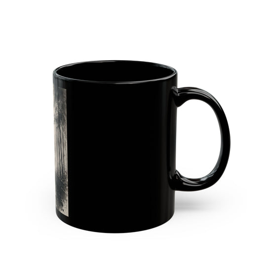 Black Ceramic Mug — Red Umbrella Silhouette in Bamboo Rain (11oz/15oz)