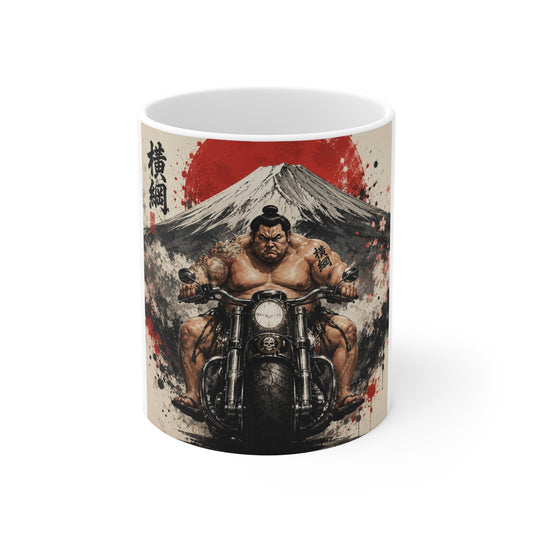 Samurai Biker Mug — Sumo Warrior Motorcycle Ceramic Coffee Cup (11oz)