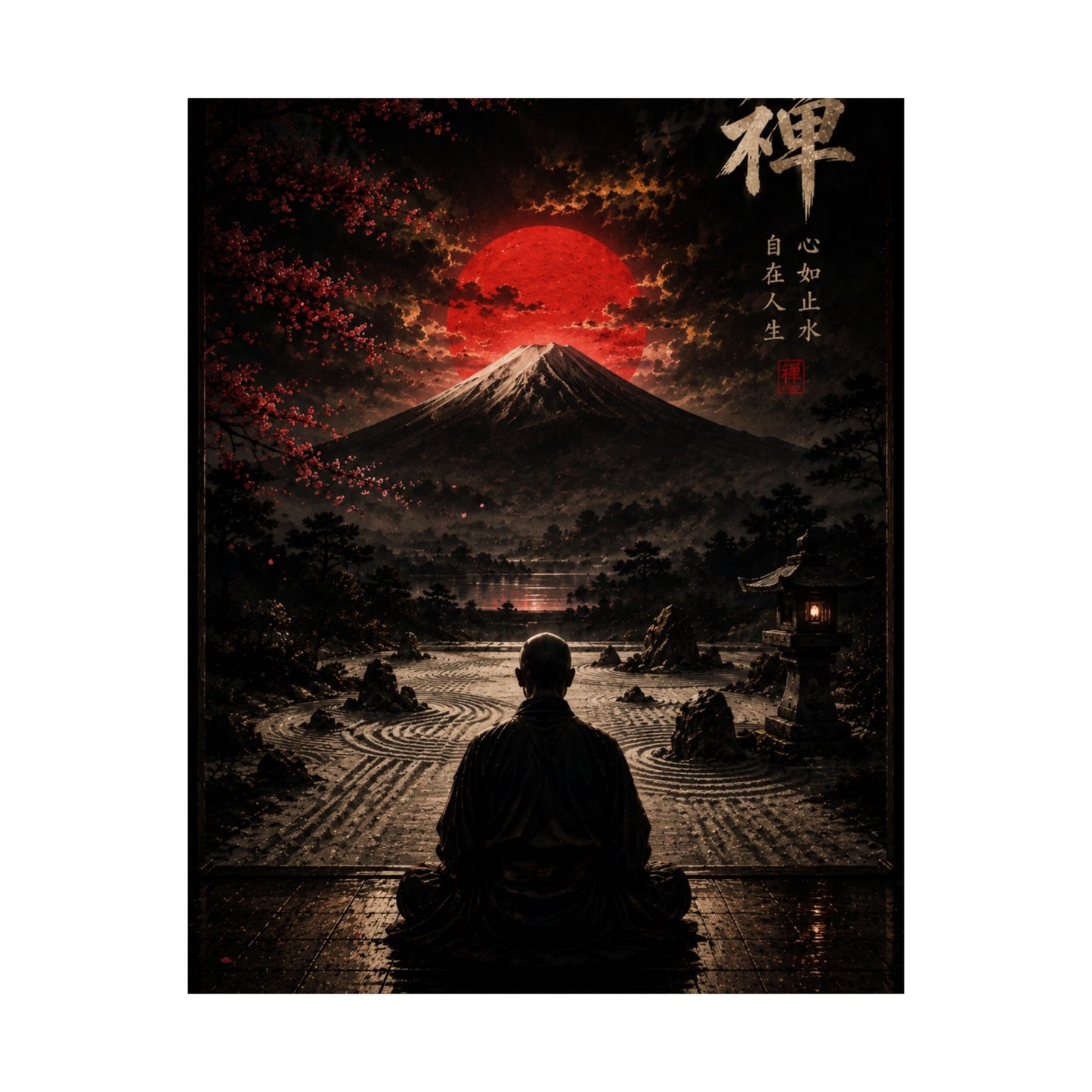 Zen Meditation Poster — Mount Fuji with Red Sun Matte Vertical Art
