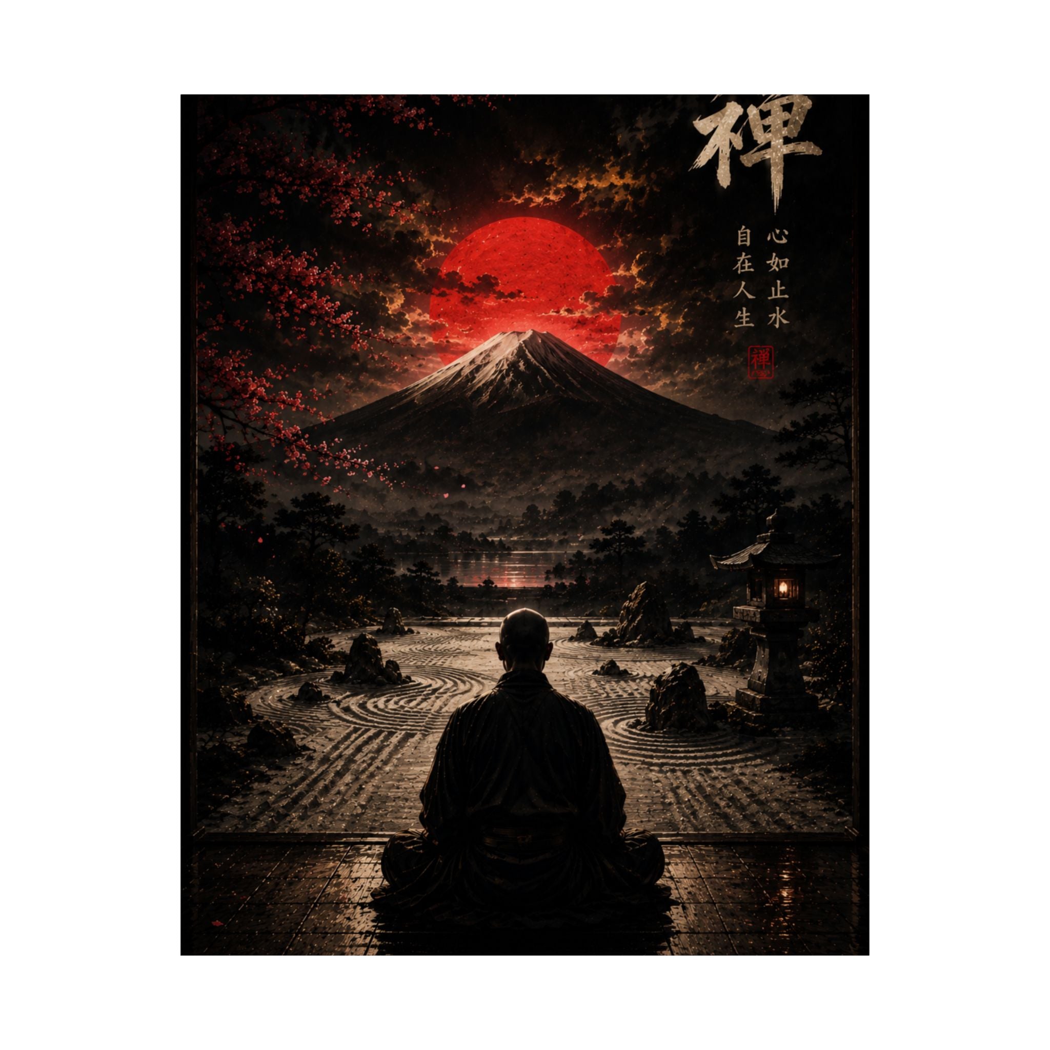 Zen Meditation Poster — Mount Fuji with Red Sun Matte Vertical Art